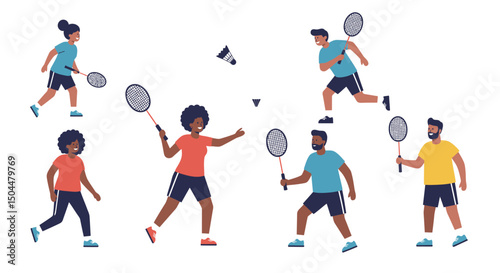 Diverse badminton players in motion ready to strike the shuttlecock