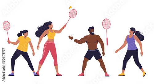 Diverse badminton players ready to play with rackets and shuttlecock