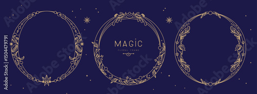 Set of modern magic witchcraft  round frames with floral elements and ornament. Line art decorative floral design. Vector illustration