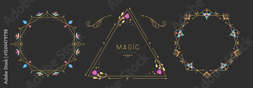 Set of modern magic witchcraft geometric frames with floral elements and ornament. Decorative floral design. Vector illustration