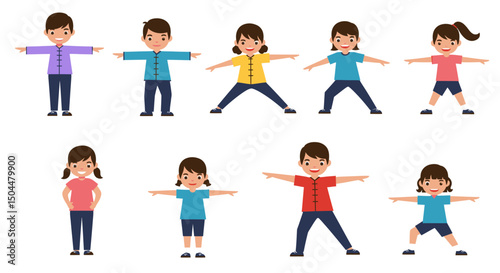 Diverse Children in Colorful Uniforms Performing Exercise with Arms Outstretched