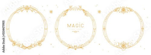 Set of modern magic witchcraft  round frames with floral elements and ornament. Line art decorative floral design. Vector illustration