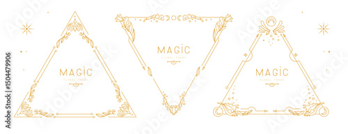 Set of modern magic witchcraft triangle frames with floral elements and ornament. Line art decorative floral design. Vector illustration