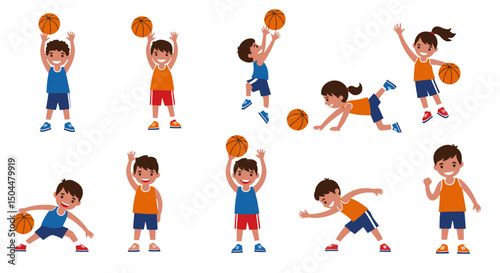 Diverse Children Playing Basketball in Various Dynamic Poses