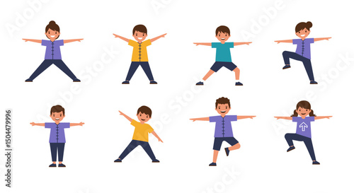 Diverse group of children in various yoga poses wearing colorful clothing