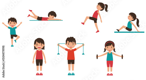 Diverse group of children performing various exercises and stretches