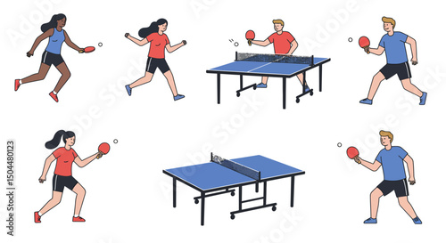 Diverse Table Tennis Players in Action Dynamic Poses and Table