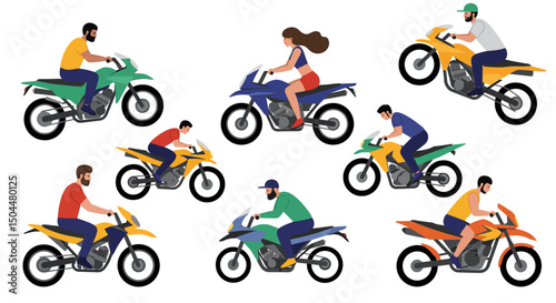 Diverse Riders on Motorcycles in a Colorful Pattern