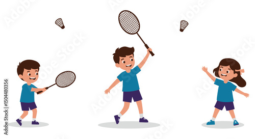 Joyful Children Playing Badminton Active Kids Enjoying a Friendly Match