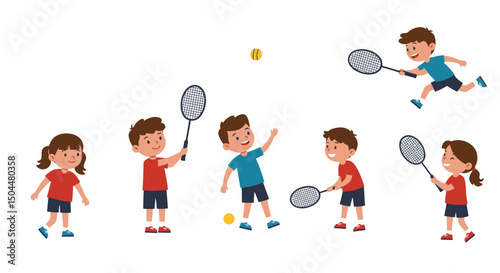 Joyful Children Playing Badminton Active Kids with Rackets and Shuttlecocks