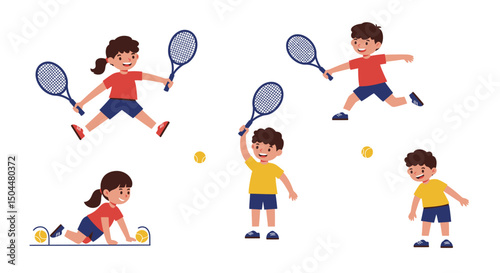Joyful Children Playing Tennis Dynamic Poses and Energetic Action