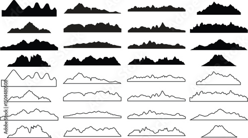 Mountain icons set, hill and rock black silhouettes, vector rocky valley landscape shapes. Mount peak or canyon range and alpine valley hills for hiking, camping or climbing sport and travel