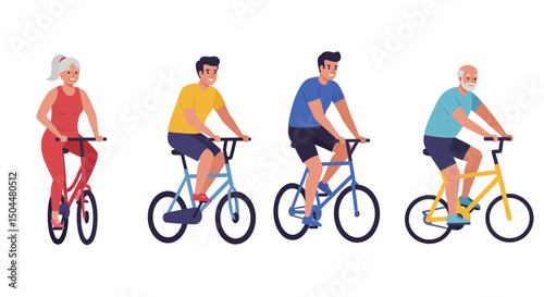 Active Seniors and Adults Enjoying a Brisk Bicycle Ride