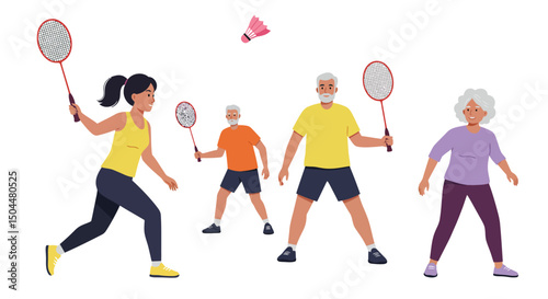 Active Seniors and a Young Person Engaging in a Lively Badminton Game