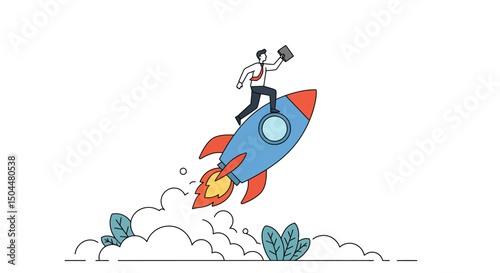 Cartoon businessman riding a blue and red rocket with a tablet in hand