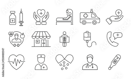 Healthcare icon set. Medicine and Health Care linear icon collection. Containing treatment, vaccination, health care, Patient hospital bed, Ambulance, doctor, nurse, medical shop, x ray, and more.