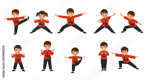 Cartoon Children Demonstrating Martial Arts Poses in Red Uniforms