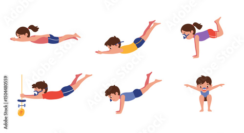 Cartoon Children Demonstrating Various Swimming and Diving Poses with Snorkels