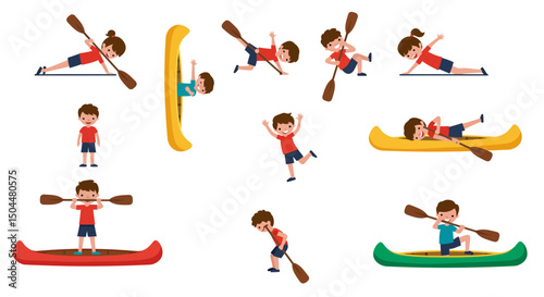 Cartoon Children in Various Poses with Canoes and Paddles Expressing Joy and Activity