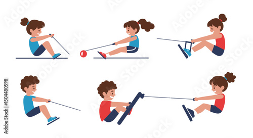 Cartoon children practicing indoor rowing with different equipment and poses