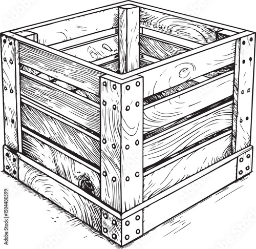 Wooden Crate Box Vector Illustration, Sketch Drawing Line Linear Symbol Icon Engraving Coloring Book, Hand-drawn Black and White Isolated