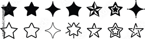 Stars icon collection. Abstract star set, geometric sparks and sparkle silhouette symbols, minimalist decorative retro starlight signs different shapes. flat and line Vector