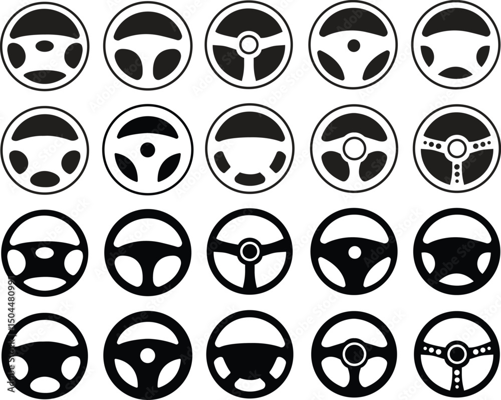 Fototapeta premium Steering wheel car icons set. Cars handle automobile driving in flat style logo for apps or websites, symbol vector.