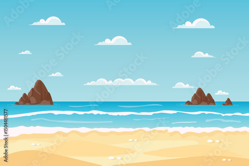 tropical beach landscape with ocean rocks clouds and sand vector illustration.