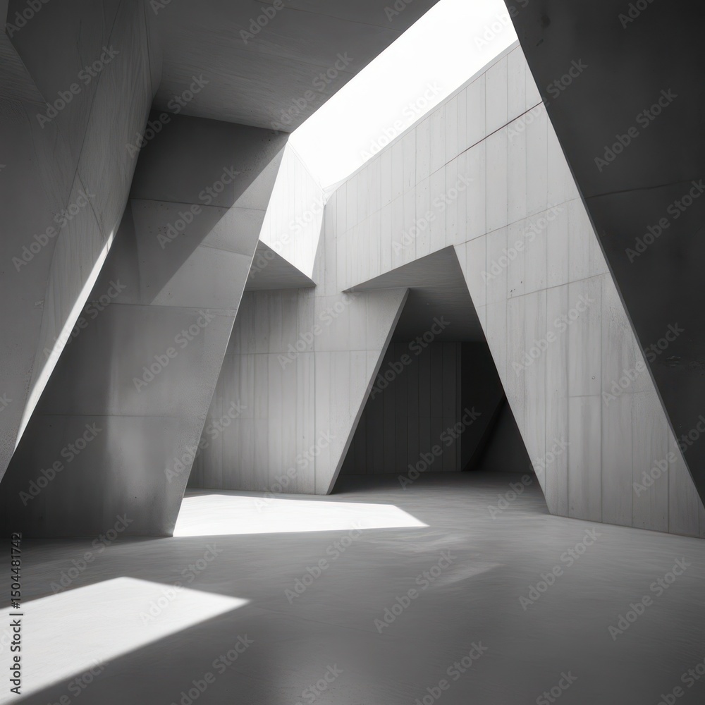 Obraz premium Empty, modern concrete interior. Light streams into a space defined by angular concrete walls