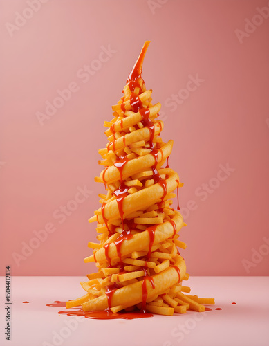 Abstract French Fry Spiral Tower Against Soft Background