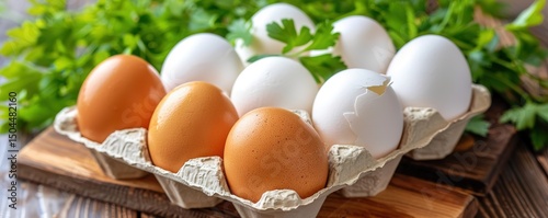 Close up of a carton of brown and white eggs with fresh parsley.