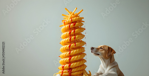 Whimsical Tower of Fries with Dog Waiting Below