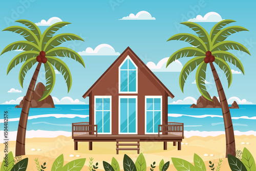 modern beach house on stilts with large windows surrounded by palm trees flat vector illustration.