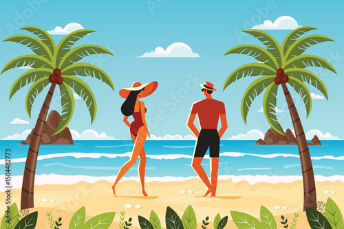 couple relaxing on summer tropical beach flat vector illustration.