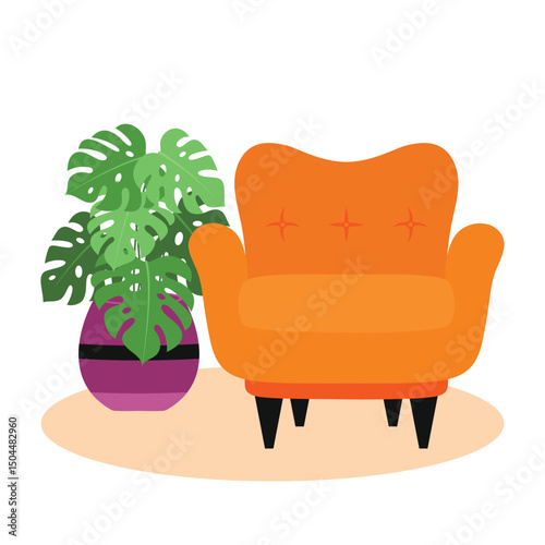 armchair and houseplant, flat style