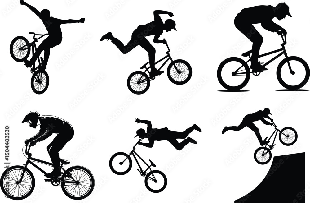 Fototapeta premium BMX Bicycle Set of Silhouette Bundle of Bicycle Vector Art for Sports and White Background. Vector Illustration.