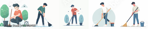 vector of a young man sweeping