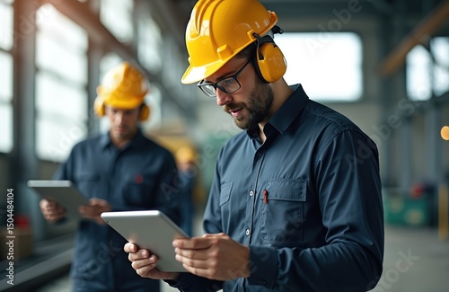Engineers in hard hats inspecting equipment in industrial factory. Workers wearing safety gear using tablets, ensuring quality control. Metal production, heavy industry manufacturing, safety first.