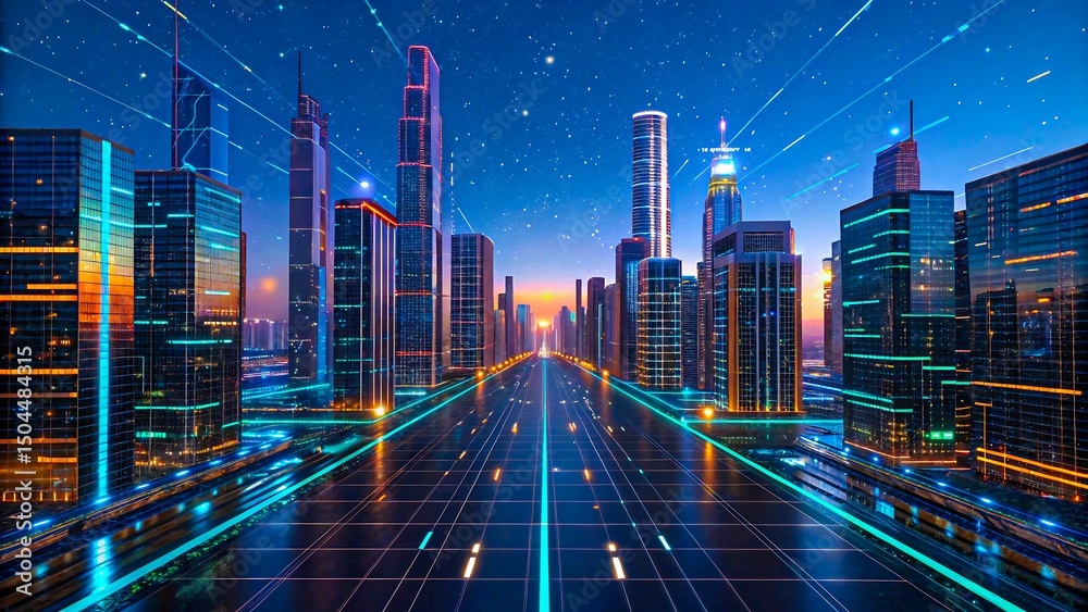 Futuristic Cityscape at Night with Illuminated Skyscrapers and a Glowing Highway Futuristic Cityscape at Night with Illuminated Skyscrapers and a Glowing Highway