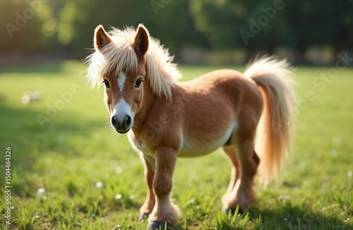 Adorable pony stands on green grass meadow. Cute, friendly foal in sunny weather. Brown equine, blond mane, tail. Rural farm, happy horse grazing. Cheerful animal in nature.