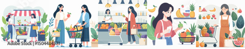 vector of a woman shopping for fruit