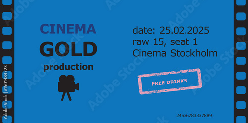 Illustration of a cinema ticket with a bold blue background, black filmstrip border, and details including date, row, seat, and location.  Designed for movie, entertainment, or promotional themes.