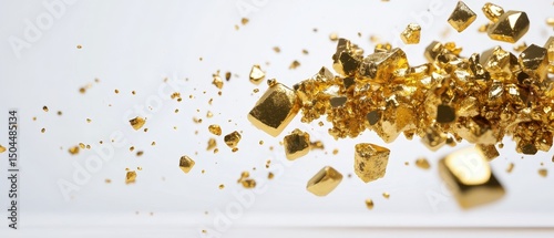Golden particles burst on white background for luxurious design