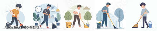 vector of a young man sweeping