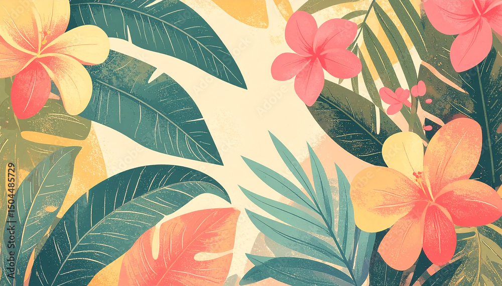 Fototapeta premium Lush botanical illustration of tropical leaves and flowers