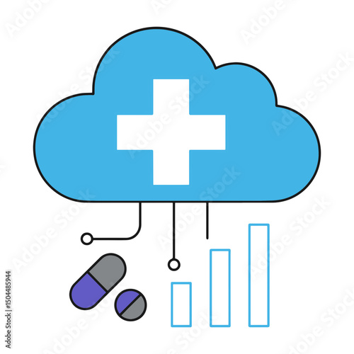 vector illustration of medical icons, on with health cross and data bars, symbolizing secure cloud based health data storage, blu medical icon