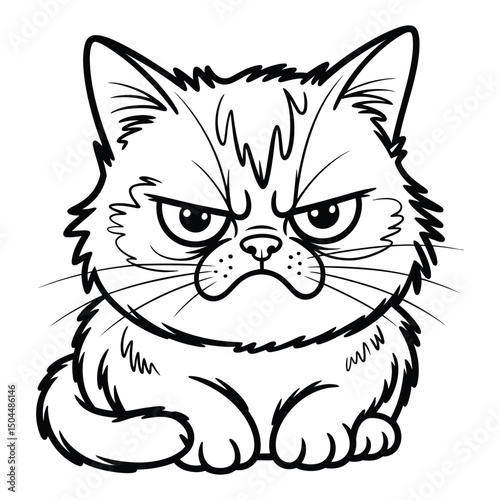 Grumpy cat style drawing Coloring Page, Silhouette, Vector, Illustration, Icon, Logo, White Background.