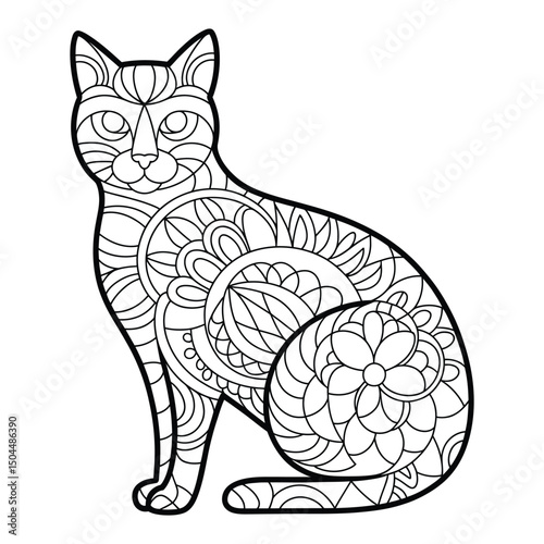 Mandala cat design Coloring Page, Silhouette, Vector, Illustration, Icon, Logo, White Background.