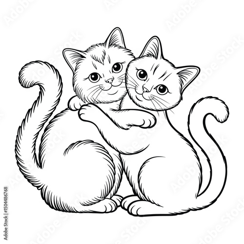 Two cats cuddling Coloring Page, Silhouette, Vector, Illustration, Icon, Logo, White Background.