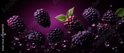 Fresh blackberries with water droplets against vibrant purple background